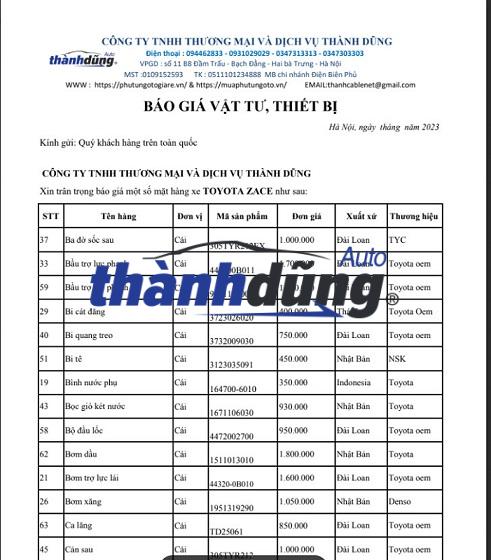 BẢNG BÁO GIÁ PHỤ TÙNG Ô TÔ XE TOYOTA ZACE