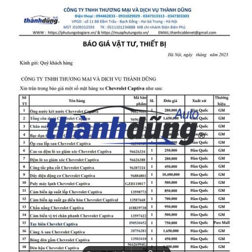 BẢNG BÁO GIÁ PHỤ TÙNG Ô TÔ XE CHEVROLET CAPTIVA