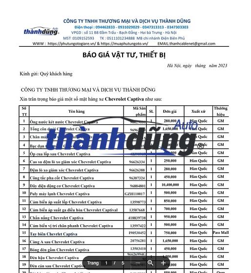 BẢNG BÁO GIÁ PHỤ TÙNG Ô TÔ XE CHEVROLET CAPTIVA