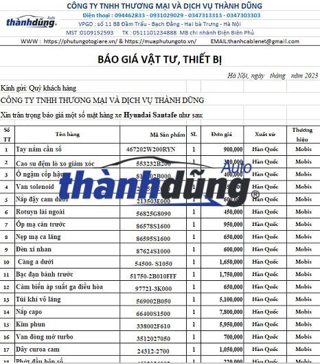 BẢNG BÁO GIÁ PHỤ TÙNG Ô TÔ XE HYUNDAI SANTAFE