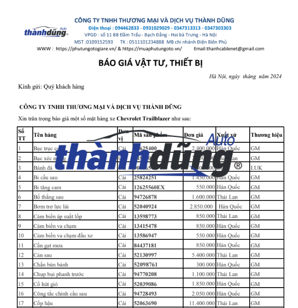 BẢNG BÁO GIÁ PHỤ TÙNG XE CHEVROLET TRAILBLAZER