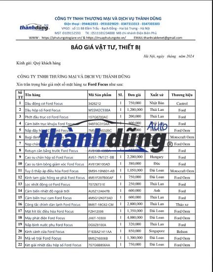 BẢNG BÁO GIÁ PHỤ TÙNG XE FORD FOCUS