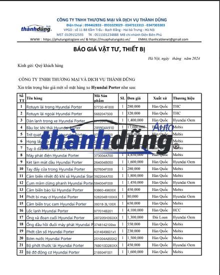 BẢNG BÁO GIÁ PHỤ TÙNG XE HYUNDAI PORTER