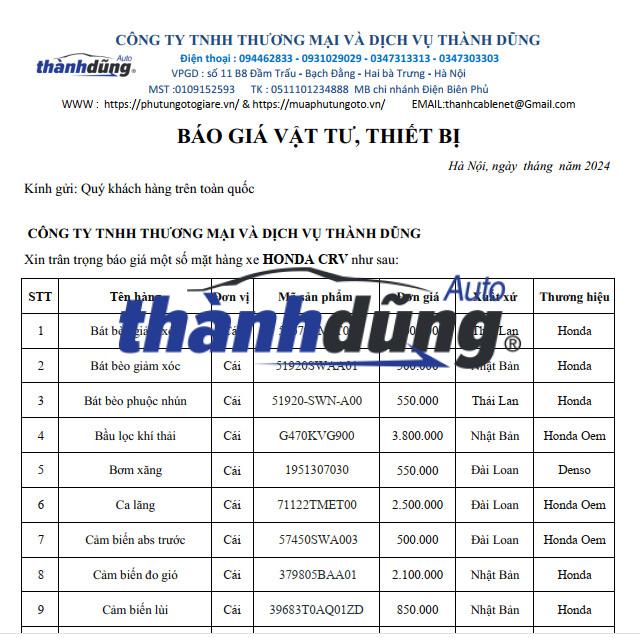 BẢNG BÁO GIÁ PHỤ TÙNG XE HONDA CRV