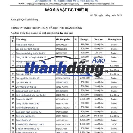 BẢNG BÁO GIÁ PHỤ TÙNG XE KIA K3