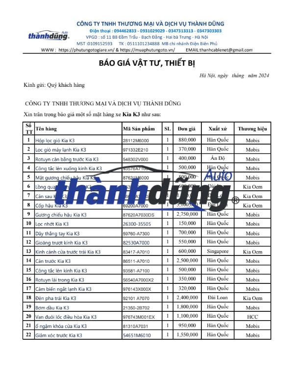 BẢNG BÁO GIÁ PHỤ TÙNG XE KIA K3